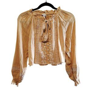 American Eagle Womens XS Beige Boho Embroidered Long Sleeve Peasant Blouse With